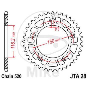 Alu-Kettenrad: 43Z, Teil.: 520 silber, JT, Innen Ø : 116, Lochkr.: 150