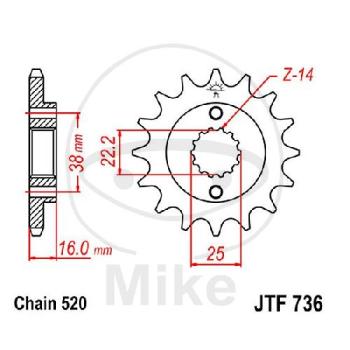Ritzel, 15Z, Teil.: 520, feinverzahnt, Innen Ø : 22/25