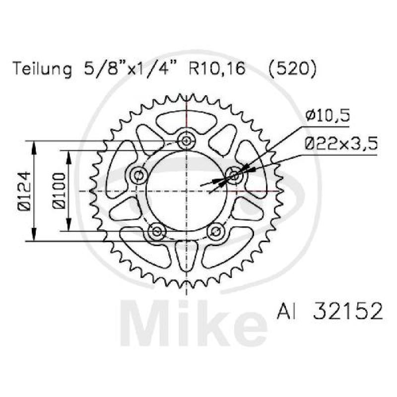 Alu-Kettenrad: 44Z, Teil.: 520 silber, Esjot, Innen Ø : 100, Lochkr.: 124