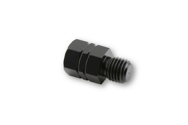 Adapter black, hole M10 L/H to bolt M10 R/H thread