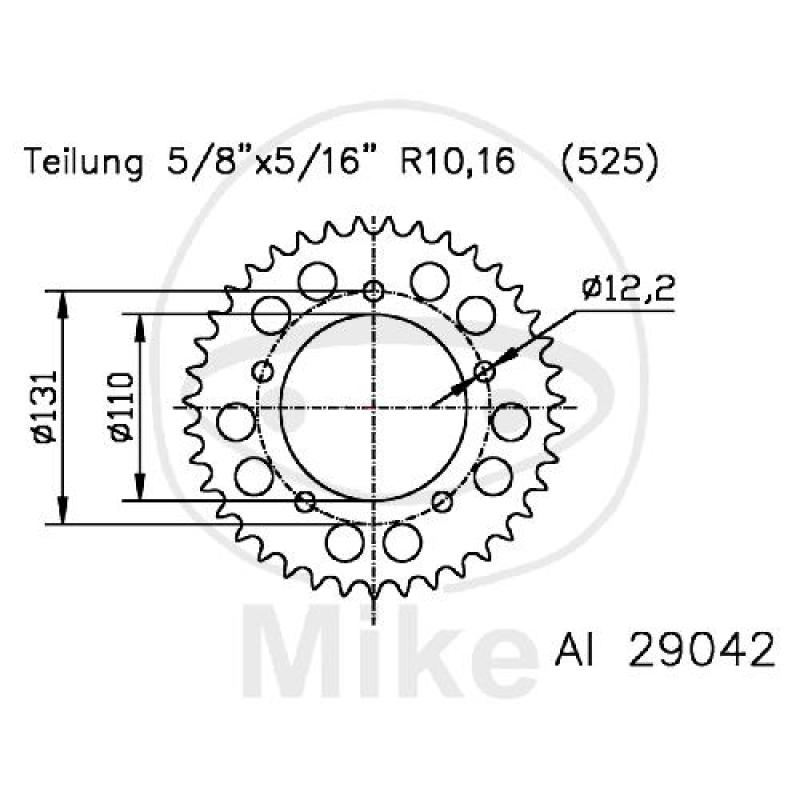Alu-Kettenrad: 44Z, Teil.: 525 silber, Esjot, Innen Ø : 110, Lochkr.: 131