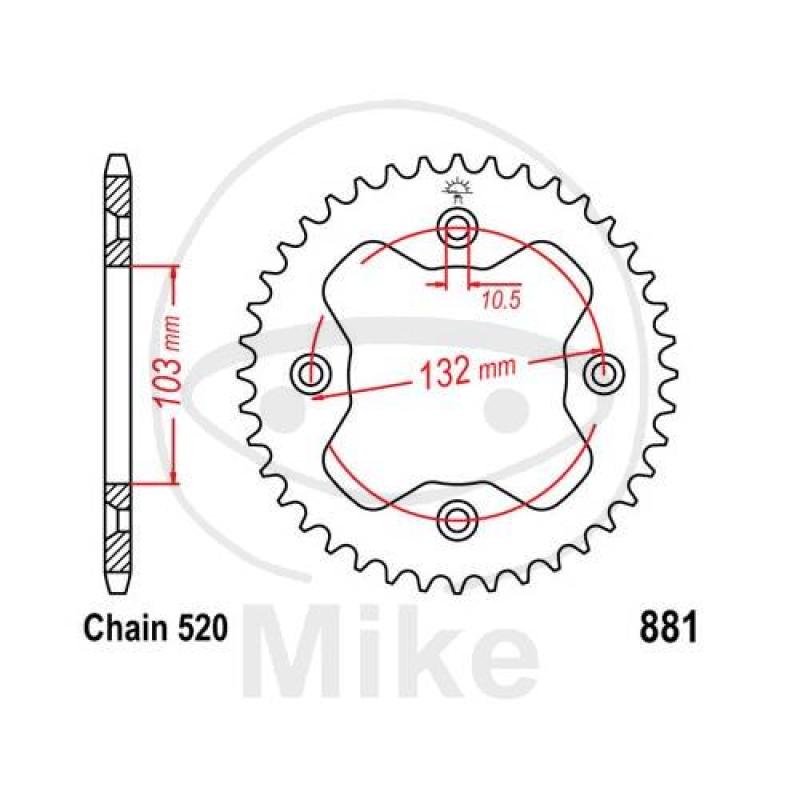 Alu-Kettenrad: 38Z, Teil.: 520 silber, JT, Innen Ø : 103, Lochkr.: 132
