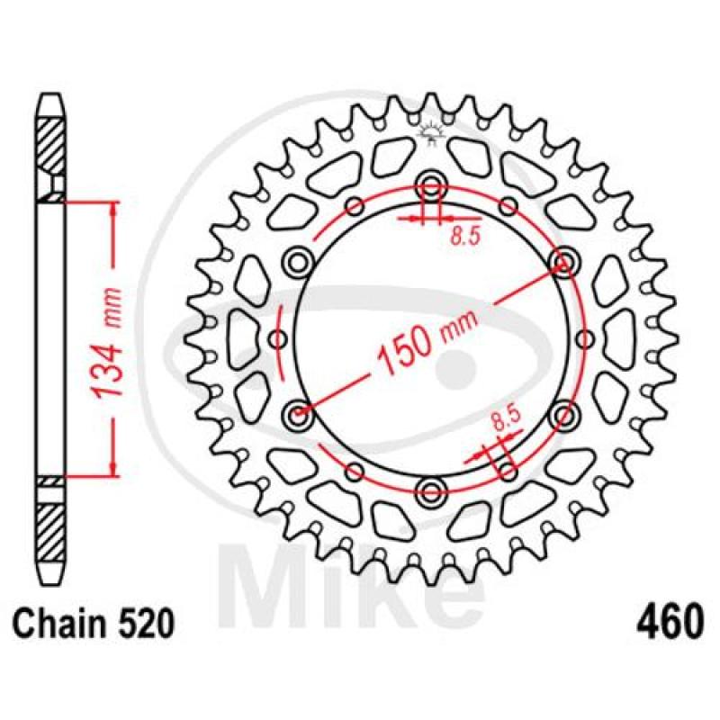 Alu-Kettenrad, 52Z, Teil.: 520 silber, JT, Innen Ø : 134, Lochkr.: 150