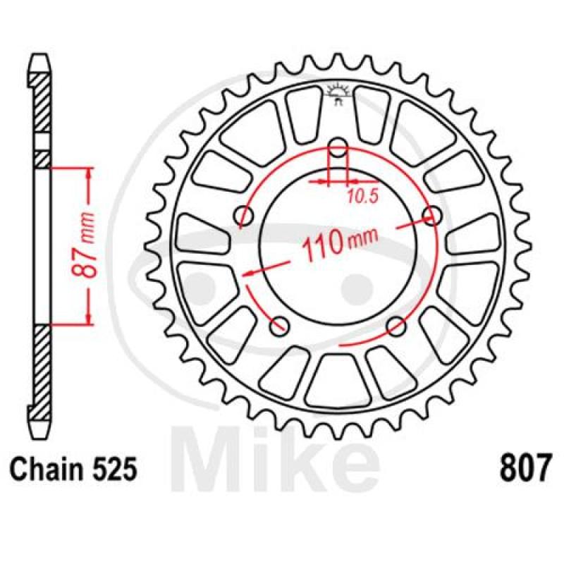 Alu-Kettenrad: 44Z, Teil.: 525 silber, JT, Innen Ø : 087, Lochkr.: 110